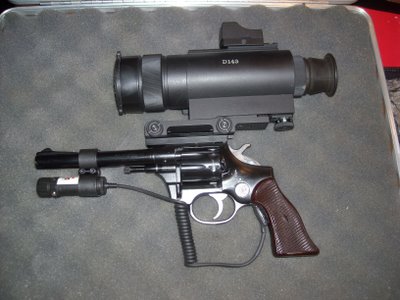 >Night Vision Riflescope on High Standard Sentinel Revolver with Docter and Laser